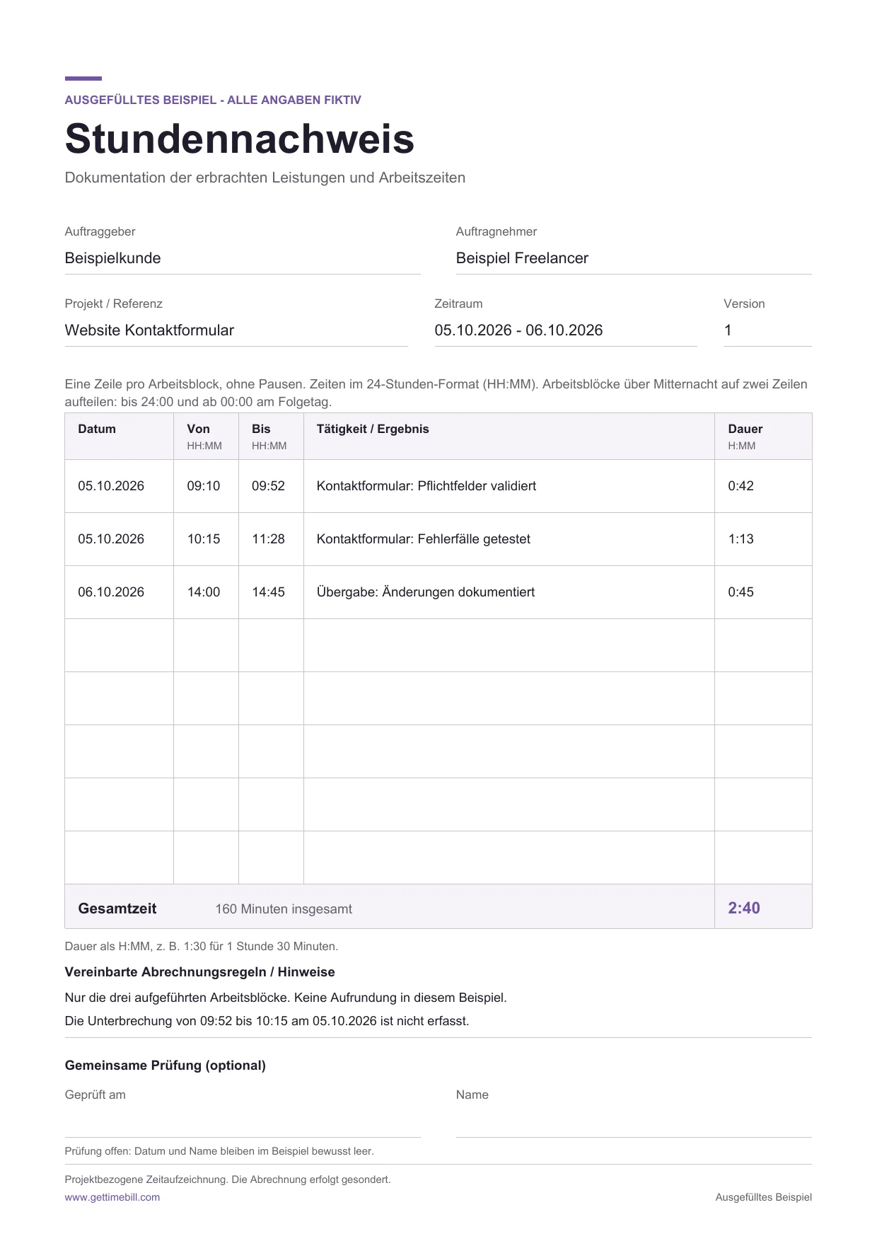 Ausgefüllter fiktiver Stundennachweis mit drei Arbeitsblöcken am 5. und 6. Oktober 2026 und einer Gesamtdauer von 2 Stunden 40 Minuten.