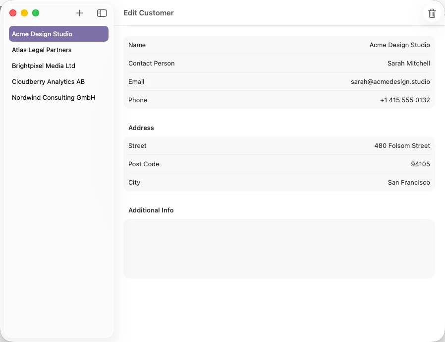 The Customer Management window with the customer list and editor