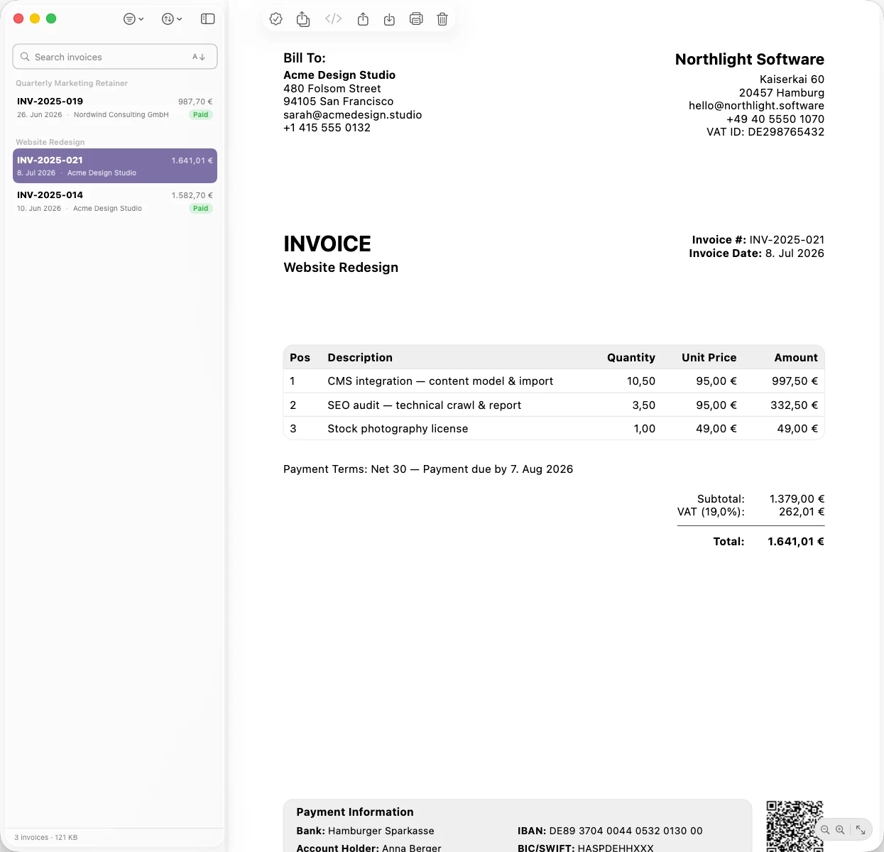 The Invoice Vault with archived invoices and a PDF preview