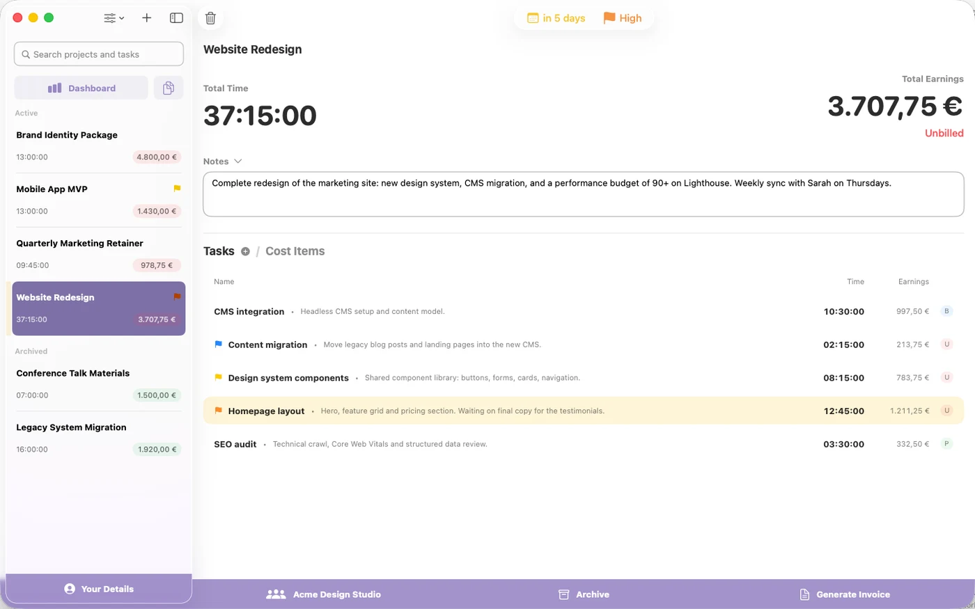TimeBill's main window: the project sidebar on the left, the selected project's detail view on the right