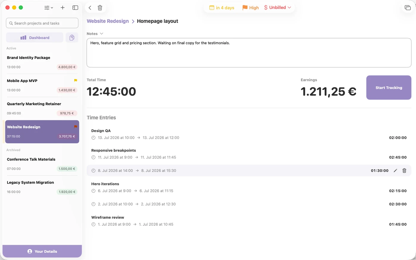 A task detail view with its tracked time entries