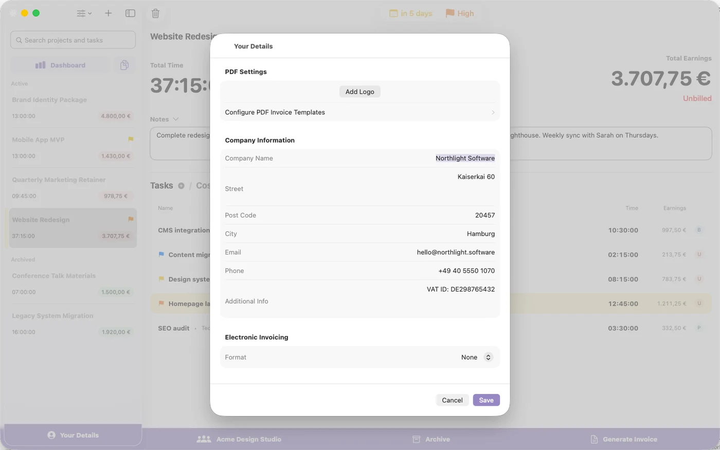 The Your Details sheet with company information and payment details