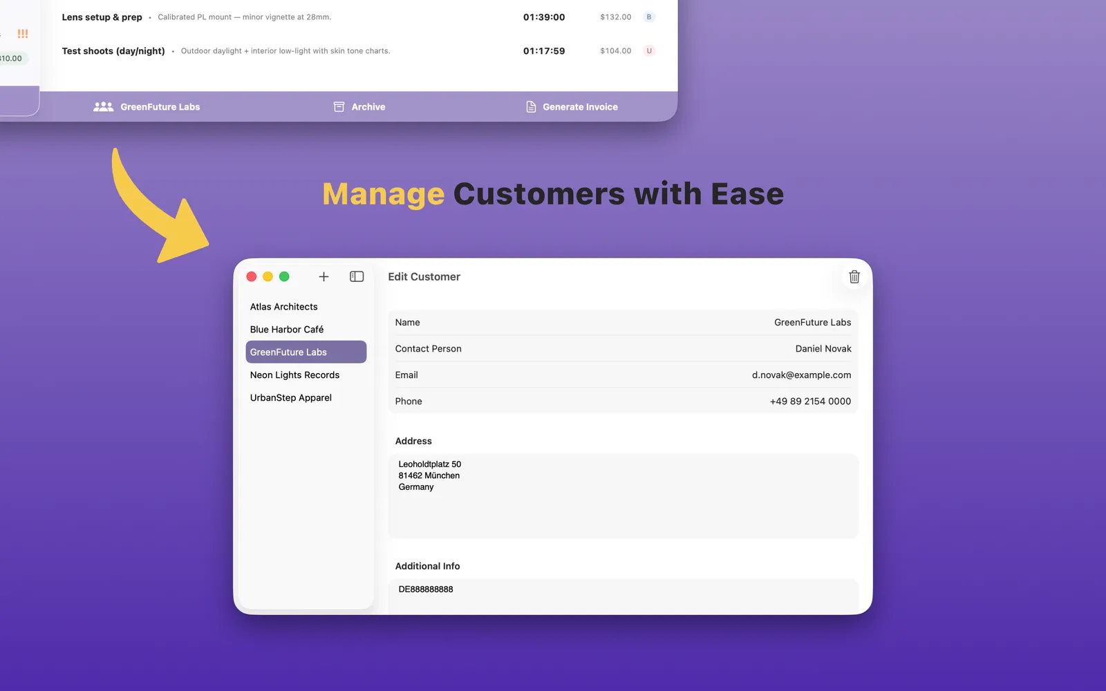 Managing customers and their billing details in TimeBill for macOS